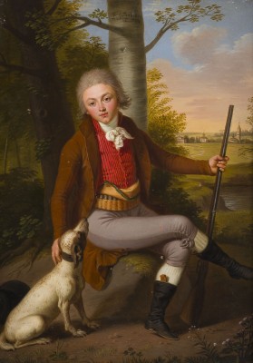 Auktion 150<br>RUSSISCHER EDELMANN IN JAGDKLEIDUNG MIT FLINTE UND HUND VOR EINEM HERRENHAUS, 1799
