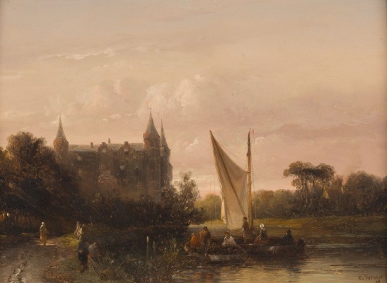 Auktion 150<br>FLUSSLANDSCHAFT MIT FISCHERBOOTEN BEIM SONNENUNTERGANG, 1847
