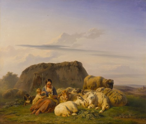 Auktion 150<br>IDEALISIERTE LANDSCHAFT MIT EINER MUTTER UND IHREM KIND, UMGEBEN VON EINER SCHAFHERDE, 1844