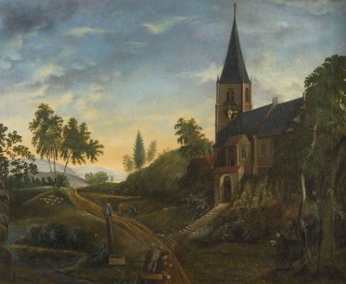 Auktion 150<br>BILDERUHR MIT DER DARSTELLUNG EINER KIRCHE UND LANDSCHAFT MIT STAFFAGE, 1810