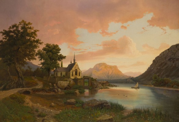 Auktion 150<br>ROMANTISCHE LANDSCHAFT MIT KAPELLE AM UFER EINES BERGSEES, 1863