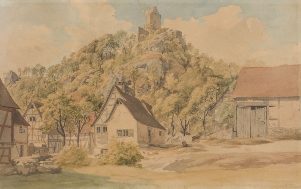 Auktion 150<br>ROMANTISCHE LANDSCHAFT MIT LÄNDLICHEN HÄUSERN UND DEN RUINEN EINER BURG AUF EINEM HÜGEL