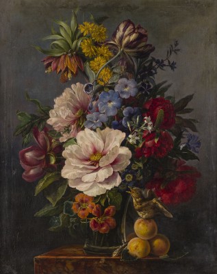 Auktion 150<br>BLUMENSTILLLEBEN MIT PFIRSICHEN UND EINEM VOGEL