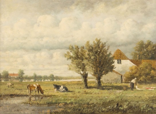 Auktion 150<br>LÄNDLICHE LANDSCHAFT MIT KÜHEN UND WÄSCHERIN