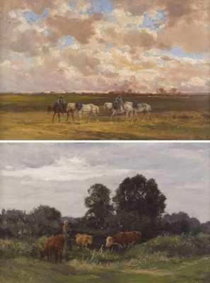 Auktion 150<br>ZWEI GEMÄLDE: LANDSCHAFT MIT REITENDEN BAUERN. MILCHMÄDCHEN AUF DER WEIDE