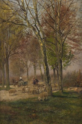 Auktion 150<br>HERBSTLICHE LANDSCHAFT MIT EINER SCHAFHERDE UND DEM MILCHMÄDCHENWAGEN