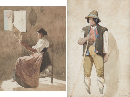 Auktion 150<br>ZWEI AQUARELLE: HIRTE. FRAU BEIM SPINNEN