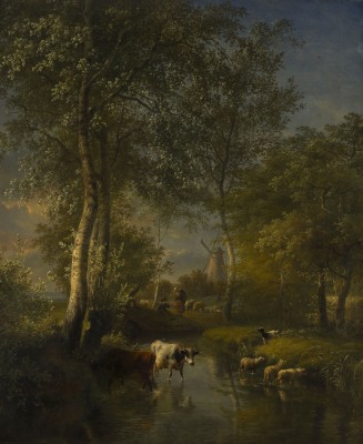 Auktion 150<br>FLUSSLANDSCHAFT MIT MÜHLE UND VIEH AM TRÄNKPLATZ, 1826