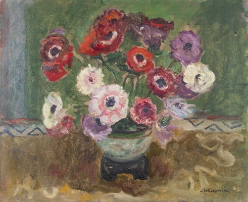 Auktion 150<br>ANEMONEN, ZINNIEN UND NELKEN IN EINER GRUNEN CHINESISCHEN SCHALE, um 1940