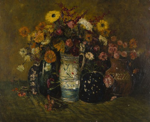 Auktion 150<br>STILLLEBEN MIT BLUMEN IN KERAMIKVASEN UND KRÜGEN