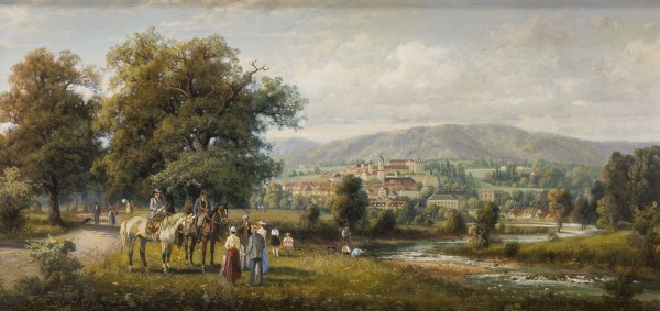 Auction 150<br>SPAZIERGÄNGER UND REITER AM FLUSS MIT BLICK AUF DIE STADT