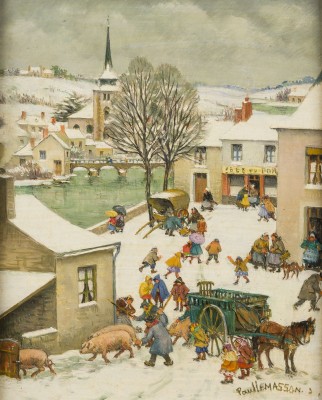 Auktion 150<br>ZWEI GEMÄLDE MIT DARSTELLUNGEN BELEBTER STRAßEN IN EINER KLEINEN STADT IM WINTER UND IM SOMMER