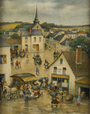Auktion 150<br>ZWEI GEMÄLDE MIT DARSTELLUNGEN BELEBTER STRAßEN IN EINER KLEINEN STADT IM HERBST UND IM SOMMER