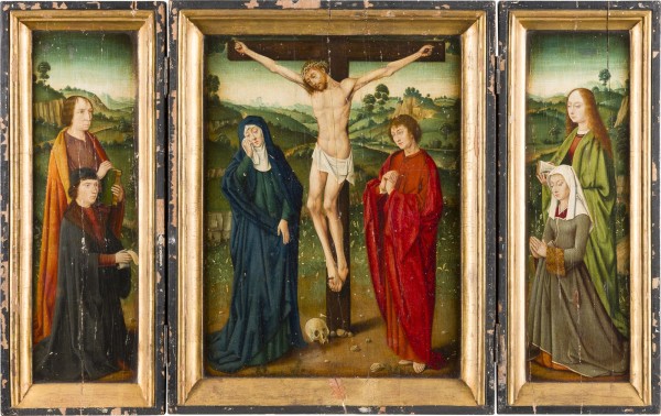 Auction 150<br>TRIPTYCHON MIT DER KREUZIGUNG CHRISTI, DER GOTTESMUTTER, JOHANNES, STIFTERFIGUREN UND HEILIGEN VOR EINER DETAILREICHEN HINTERGRUNDLANDSCHAFT