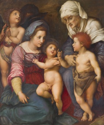 Auction 150<br>HEILIGE FAMILIE MIT MARIA UND DEM KIND, DEM JOHANNESKNABEN, DER HEILIGEN ELISABETH UND ZWEI ENGELN