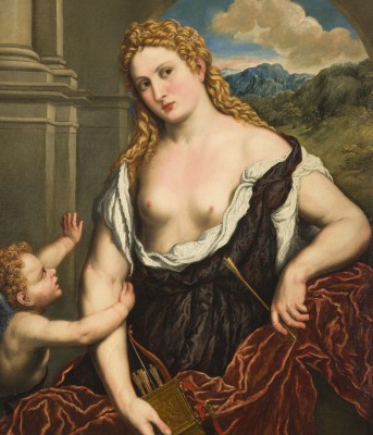 Auktion 150<br>VENUS UND CUPIDO UNTER EINER SÄULENHALLE MIT BLICK AUF EINE BERGIGE LANDSCHAFT IM HINTERGRUND