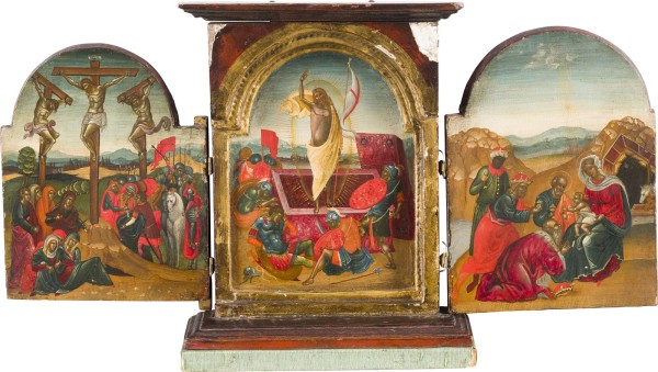 Auktion 150<br>BEDEUTENDES UND SELTENES TRIPTYCHON MIT DER KREUZIGUNG, AUFERSTEHUNG UND VERKÜNDIGUNG AN MARIA
