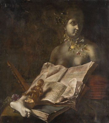 Auction 150<br>VANITAS STILLLEBEN MIT DER ZERBROCHENEN FIGUR DER FLORA, AUFGESCHLAGENEN BÜCHERN MIT MORALISIERNDEN INSCHRIFTEN UND MUSIKINSTRUMENTEN