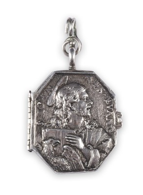 Auction 150<br>SELTENES RELIQUIEN- ODER ANDACHTSKLAPPAMULETT MIT ACHT MINIATUR-BILDNISSEN