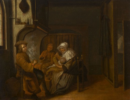 Auktion 150<br>STUBENINTERIEUR MIT BÜRGERFAMILIE VOR EINEM KAMIN