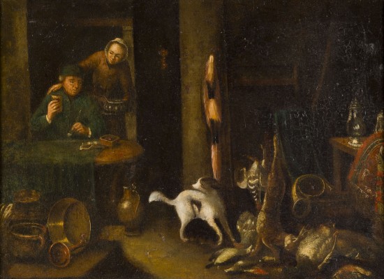 Auction 150<br>KÜCHENINTERIEUR MIT BAUERNPAAR, KÜCHENGESCHIRR, HUND UND STILLLEBEN AUS ERLEGTEM FUCHS UND FEDERVIEH