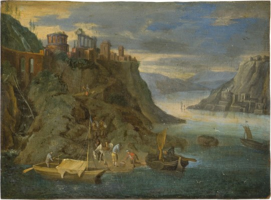 Auktion 150<br>FLUSSLANDSCHAFT MIT ANLANDENDEN FISCHERBOOTEN UND TEMPIETO UND BURGANLAGE