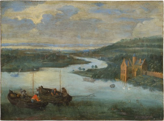 Auktion 150<br>FLUSSLANDSCHAFT MIT FISCHERBOOTEN UND ANGRENZENDEM SCHLOSS AM FLUSS
