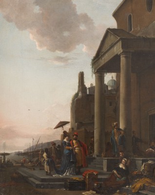 Auktion 150<br>SÜDLICHE HAFENLANDSCHAFT MIT MARKTVERKÄUFERN UND ELEGANT GEKLEIDETEN PERSONEN VOR EINER TEMPELFASSADE