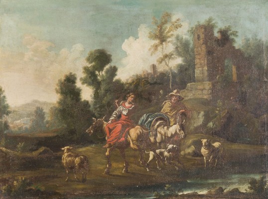 Auktion 150<br>SÜDLICHE LANDSCHAFT MIT REITENDEN HIRTEN, VIEH UND RUINE
