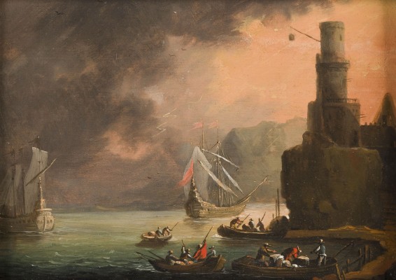 Auktion 150<br>HAFENSZENE MIT LEUCHTTURM UND ANLANDENDEN BOOTEN