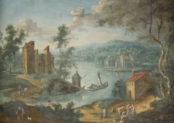 Auktion 150<br>WEITE FLUSSLANDSCHAFT MIT RUINE UND FIGURENSTAFFAGE