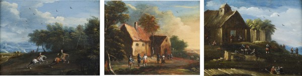 Auktion 150<br>GRUPPE AUS DREI ARBEITEN: BAUERN IM GESPRÄCH / REITER IM GALOPP / BAUERN BEI DER REPERATUR DES HAUSES