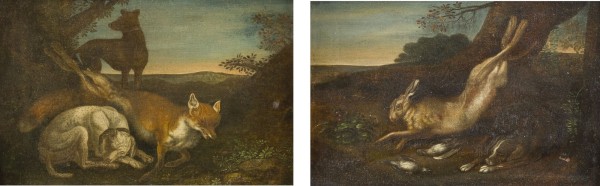Auktion 150<br>PAAR JAGDSTILLLEBEN: ERLEGTER HASE, JAGDHUND UND ZWEI VÖGELN / FUCHS MIT ZWEI JAGDHUNDEN