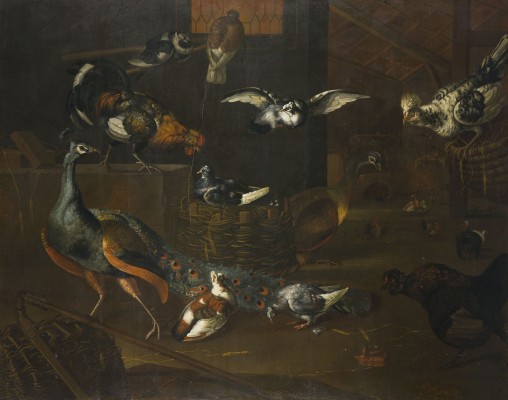Auktion 150<br>MONUMENTALE KOMPOSITION: PFAU, TAUBEN, HAHN UND HENNEN IN DER SCHEUNE