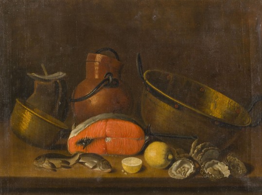 Auktion 150<br>STILLLEBEN MIT KOCHGESCHIRR, AUSTERN, FISCHEN UND ZITRONEN