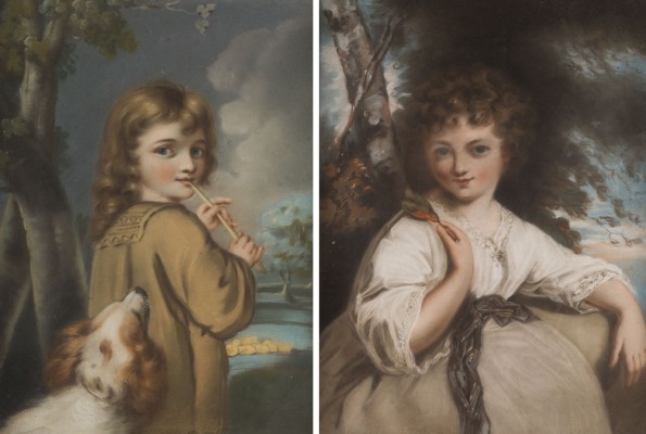 Auction 150<br>PASTELLPAAR: PORTRAIT EINES FLÖTESPIELENDEN HIRTENJUNGEN MIT HUND / PORTRAIT EINES MÄDCHENS MIT ROTKEHLCHEN AUF DER SCHULTER