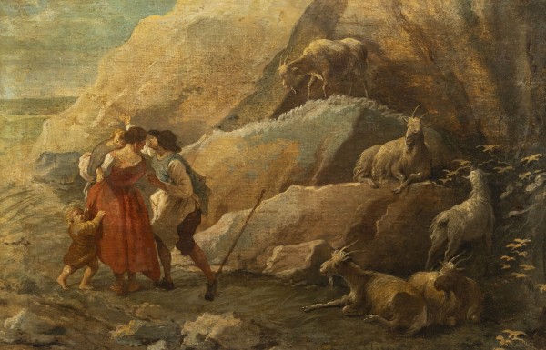 Auktion 150<br>BAUERNFAMILIE MIT ZIEGEN IN EINER FELSIGEN LANDSCHAFT