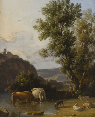 Auction 150<br>IDEALE FLUSSLANDSCHAFT MIT VIEHHIRTEN, KÜHEN UND ZIEGEN UND BURGANLAGE