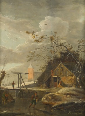 Auction 150<br>WINTERLANDSCHAFT MIT SCHLITTSCHUHLÄUFER UND BAUERNHAUS VOR ANGRENZENDER KIRCHE
