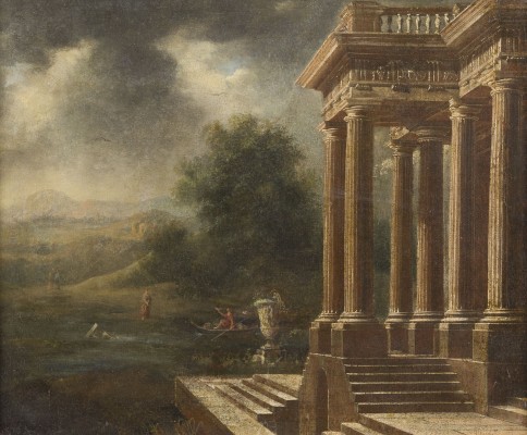 Auction 150<br>CAPRICCIO MIT TEMPELRUINE VOR FLUSSLANDSCHAFT MIT MYTHOLOGISCHEN FIRGUREN