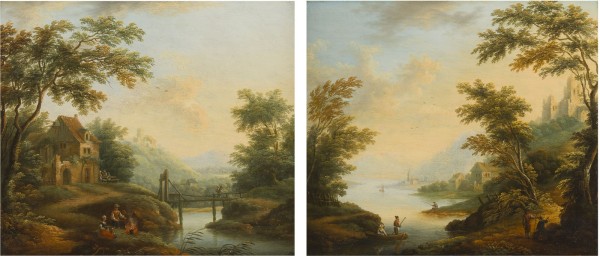 Auktion 150<br>PAAR GEMÄLDE: FLUSSLANDSCHAFT MIT BURGRUINE UND ANGLERN / FLUSSLANDSCHAFT MIT BRÜCKE, BAUERNHAUS UND BAUERN AM LAGERFEUER