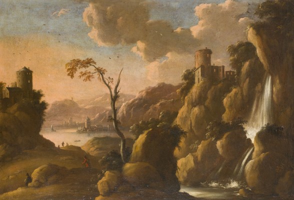 Auction 150<br>ITALIENISCHE FLUSSLANDSCHAFT MIT WASSERFALL UND BURGANLAGE