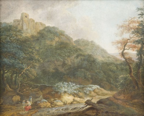 Auction 150<br>IDEALE BERGLANDSCHAFT, LINKS AUF DER HÖHE EINE BURGRUINE, IM VORDERGRUND EIN BACH MIT DREI FIGUREN AM UFER