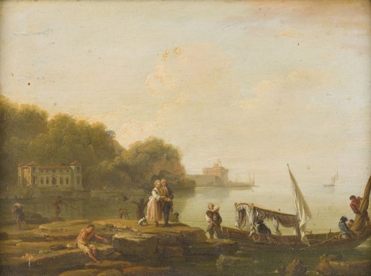 Auction 150<br>MEDITERRANE KÜSTENLANDSCHAFT MIT ELEGANTER GESELLSCHAFT BEIM AUSSTIEG EINER ITALIENISCHEN GONDEL