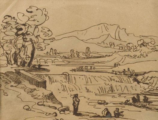 Auction 150<br>LANDSCHAFT MIT WASSERFALL UND PERSONEN AM FLUSSUFER