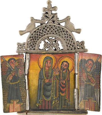 Bild KOPTISCHES TRIPTYCHON MIT DEN VON ERZENGELN FLANKIERTEN GOTTESMUTTER UND CHRISTUS
