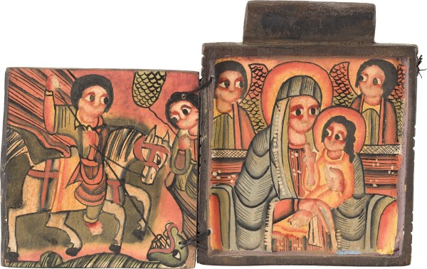 Auction 151<br>KOPTISCHES DIPTYCHON MIT DER GOTTESMUTTER, DER KREUZIGUNG UND HEILIGEN