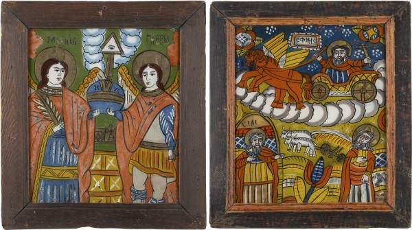 Auction 151<br>ZWEI HINTERGLAS-IKONEN: ERZENGEL MICHAEL UND GABRIEL SOWIE PROPHET ELIAS UND SEINE FEURIGE HIMMELFAHRT