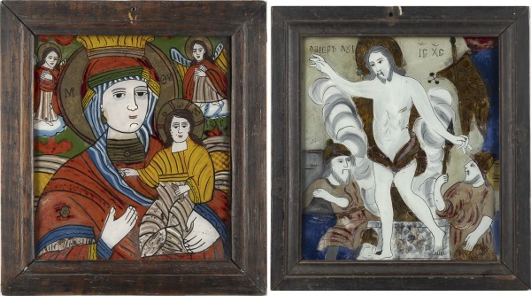 Auktion 151<br>ZWEI HINTERGLAS-IKONEN: AUFERSTEHUNG CHRISTI SOWIE GOTTESMUTTER HODEGETRIA
