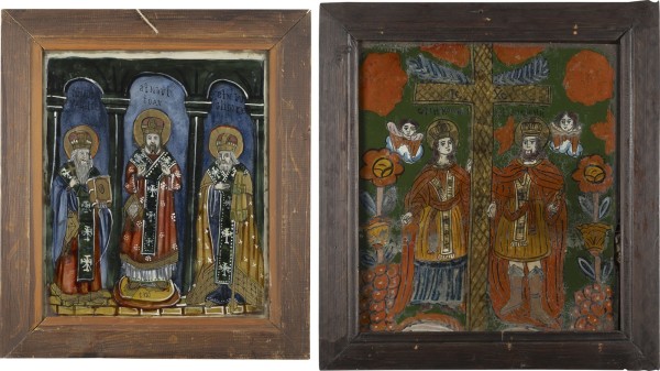 Auktion 151<br>ZWEI HINTERGLAS-IKONEN: HEILIGE KONSTANTIN UND HELENA SOWIE HEILIGE HIERARCHEN BASILIOS, JOHANNES UND GREGORIOS